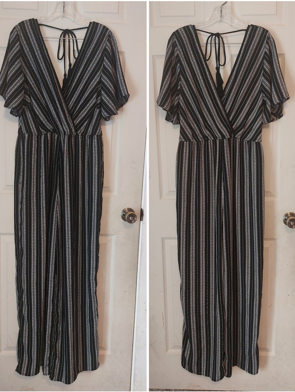Xhilaration Black White Strped Surplice V-Neck Wide Leg Jumpsuit Size XL